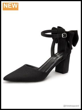 Pointed Toe Low Block Heel Pumps with Bow Ankle Strap Dress Heels